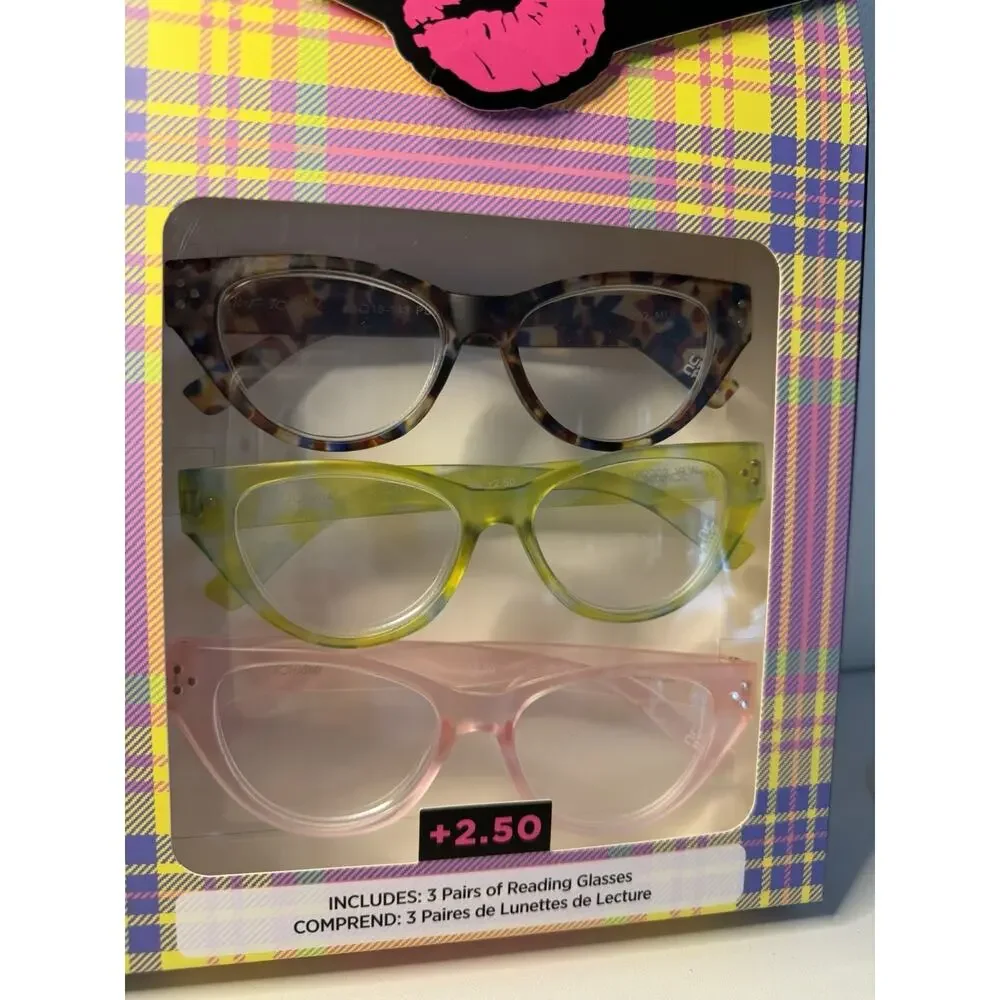 Betsey Johnson Reading Glasses 3 Pack +2.50 Cat Eye Tortoise Green Pink New NIB